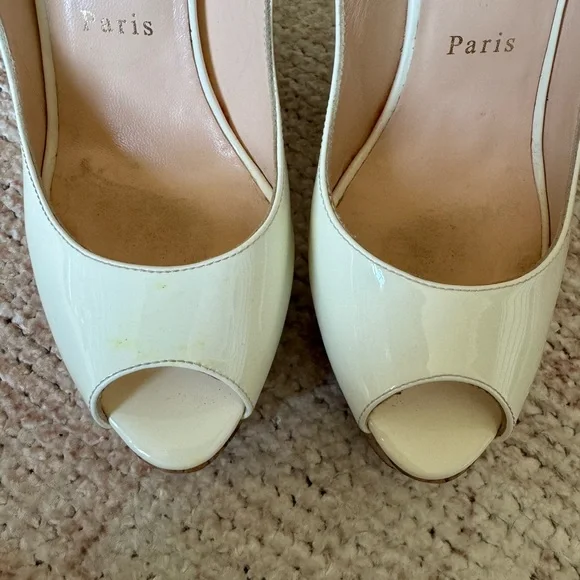 Christian Louboutin 38 White Peep Toe Patent Leather Wedge Heels Sandals - Picture 7 of 9